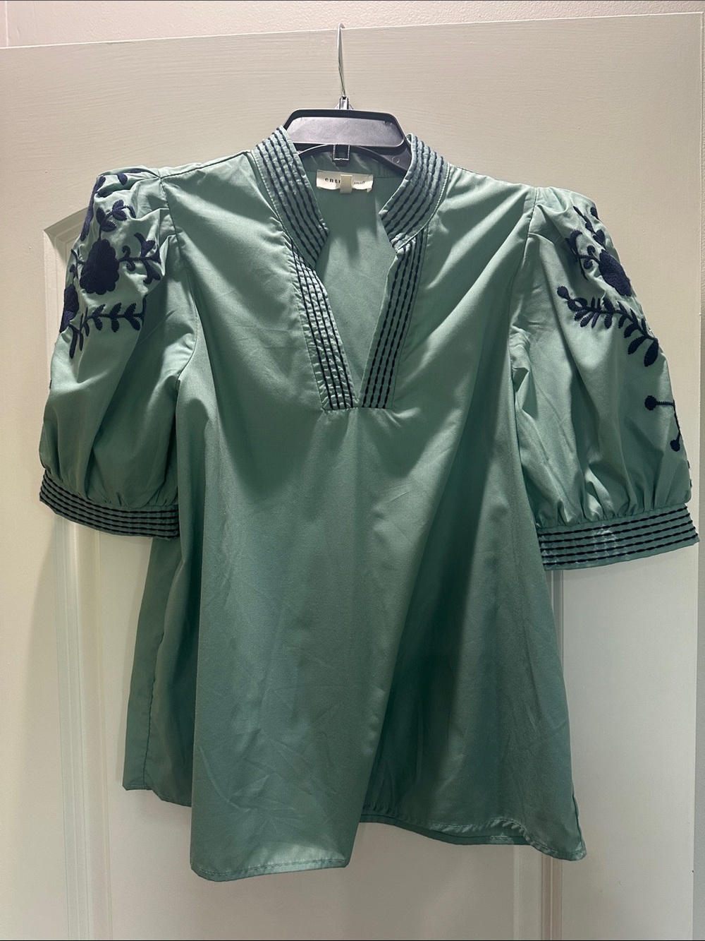 entro Sage Green Puff Sleeve Embroidered Blouse